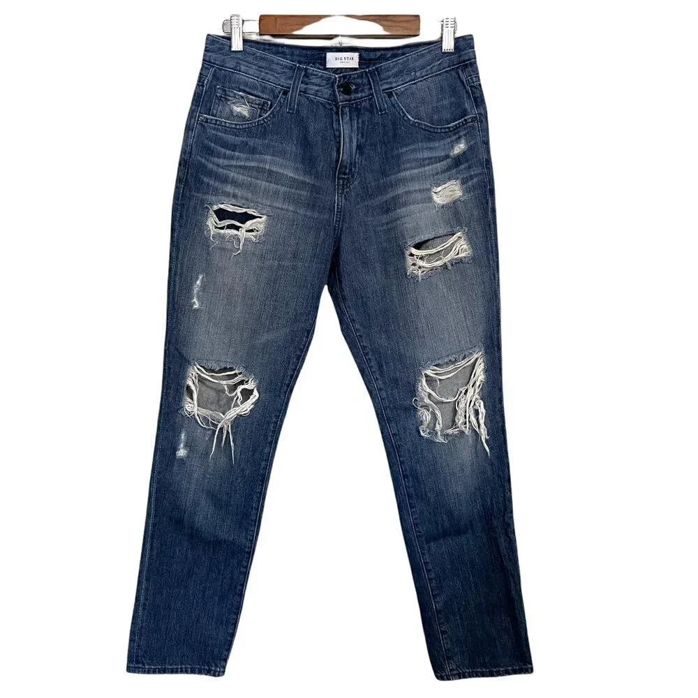 Big Star Women's Dark Wash Distressed Whiskered Billie Slim Slouch Jeans Size 12